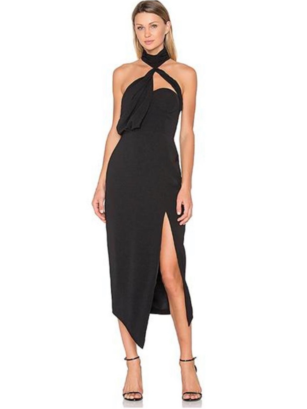 MISHA COLLECTION Black Asymmetrical Halter Midi Dress with Side Slit